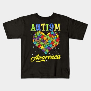 Colorful Autism Awareness Day Puzzle Heart Kids T-Shirt